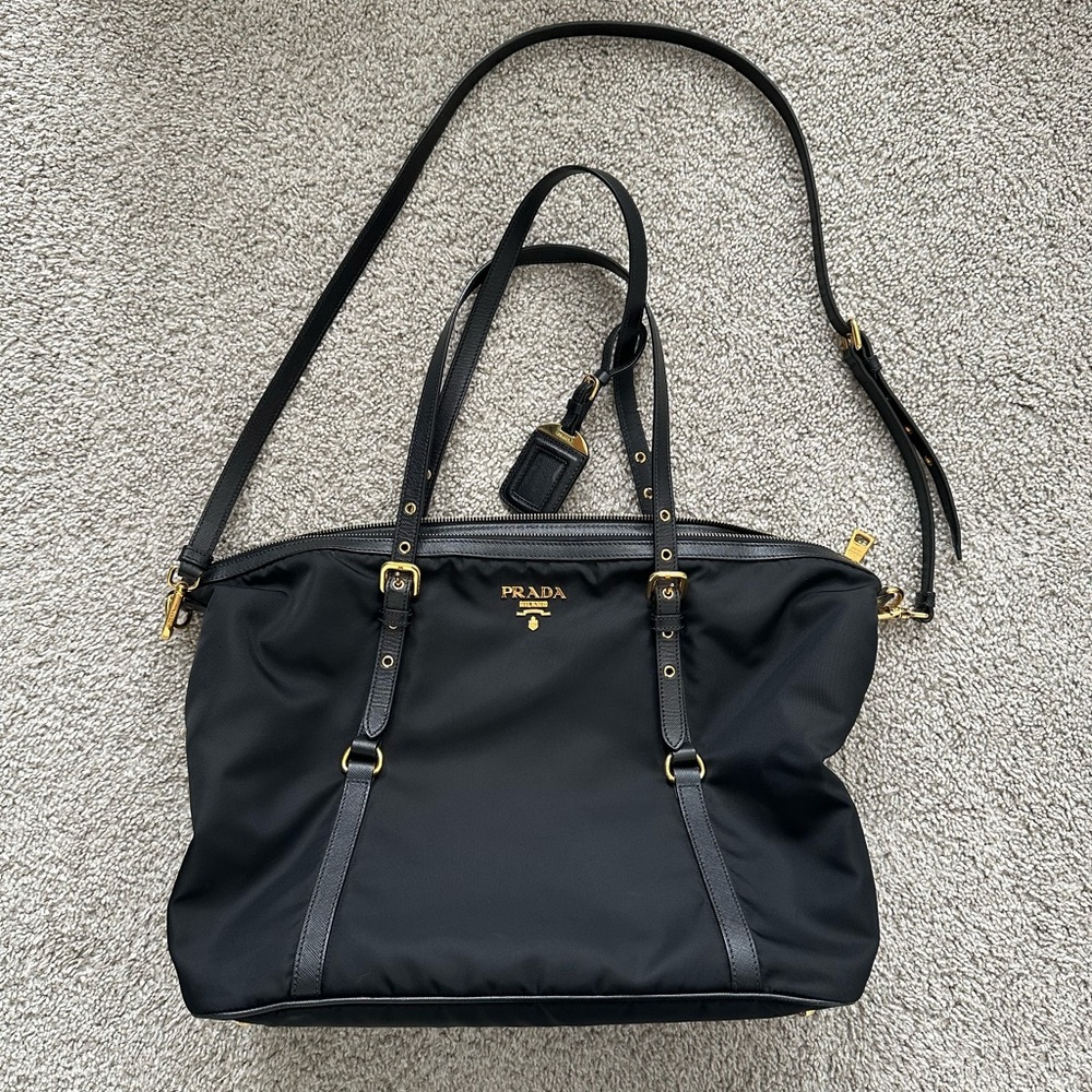 Prada Black Nylon Shoulder Bag with Gold Details
